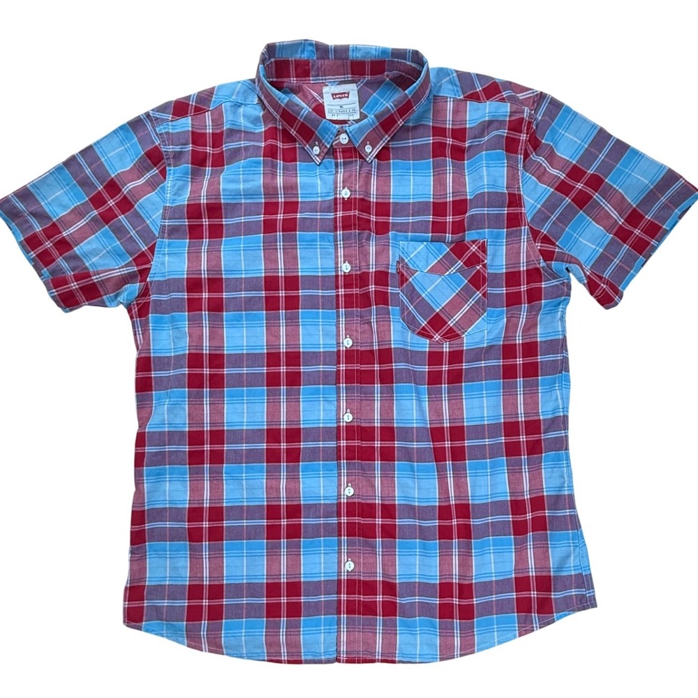 Levis Mens XXL Red Blue Plaid Short Sleeve Button Down Shirt RN 117508